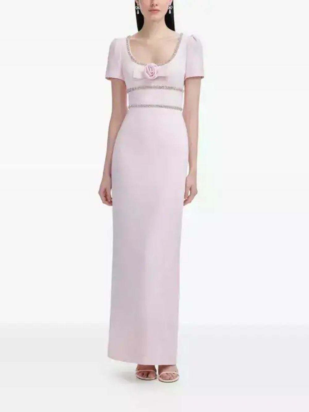 Self-Portrait Pink Crepe Crystal Trim Rose Maxi Dress US 2 NWT
